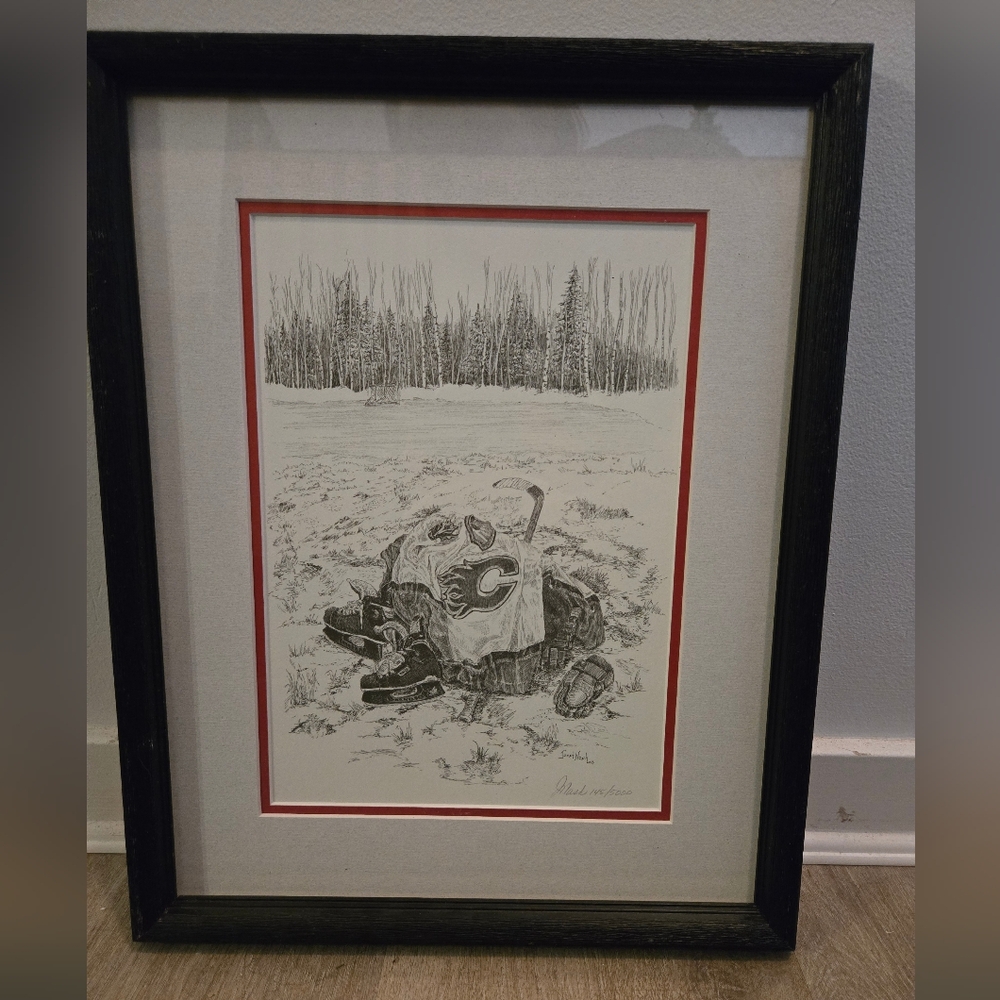 Calgary Flames Framed Black & White Hockey Sketch